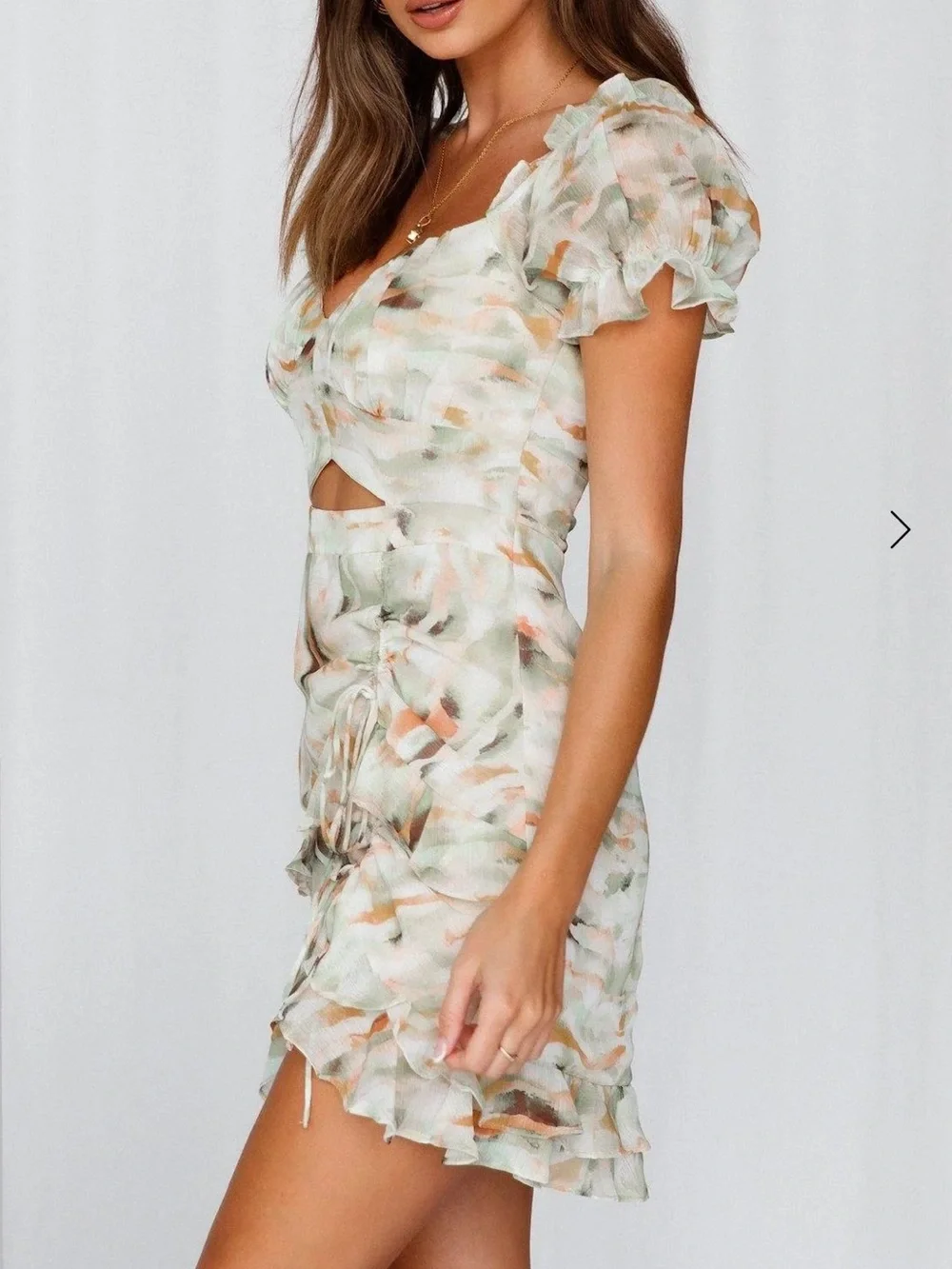 Hello Molly Flutters In My Belly Floral Ruffle Cutout Mini Dress Green